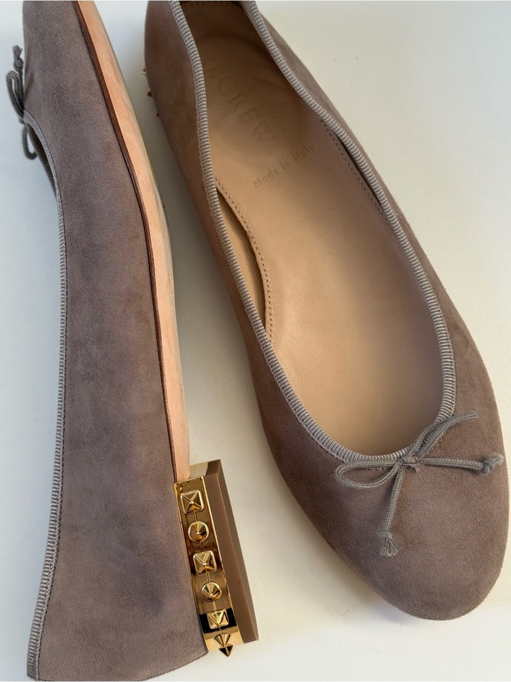 J. Crew Taupe Suede Ballet Flats with Gold Stud Heel Detail Size 6